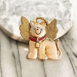 Vintage AJMC Purrfect Angle‎ Cat Pin Metal Brooch Glitter Holiday